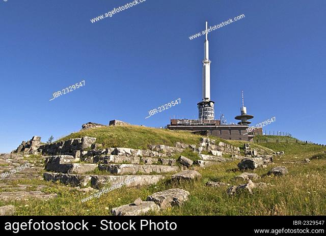 Gallo-Roman temple of Mercury with observatory behind meterological observatory on summit of Puy de Dome, Auvergne Volcanoes Regional Nature Park, France