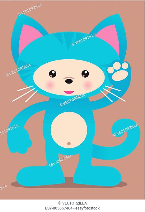 cute blue kitty cat vector manga illustration