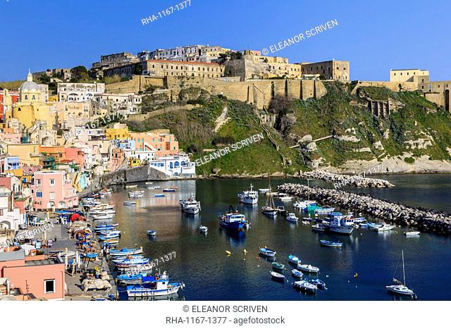 Marina Corricella, pretty fishing village, boats below Terra Murata acropolis fortress, Procida Island, Bay of Naples, Campania, Italy, Europe