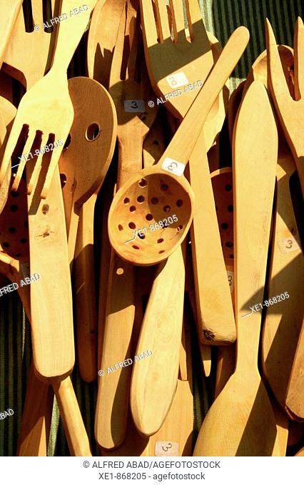 Wooden cutlery at fair. Caldes de Montbui, Barcelona province, Catalonia, Spain