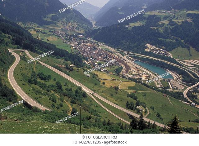 Switzerland, Ticino, Airolo, Val Leventina, St. Gotthard Pass Road, Alps, Mountain road switchbacks it's way through the Saint Gotthard Mountain Pass in the...