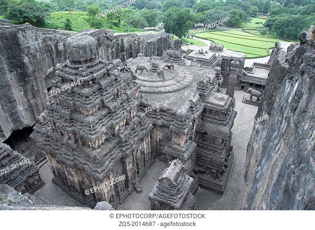 Cave No 16 : View from North-East showing entire temple, rock-cut cave temple, Kailasa, Ellora. Maharashtra. 757-772 A.D