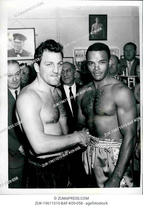 Oct. 10, 1961 - Brian London - Eddie Machin Weigh In.. Contest Tonight at Wembley Pool.. Ex Champion Brian London and California's Eddie Machin weighed in this...