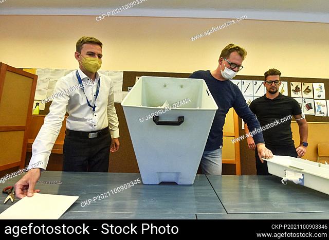 Members of election committee count ballots in Ostrava, Czech Republic, after the Czech election to Chamber of Deputies ended on October 9, 2021