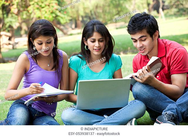 Students studying while sitting in lawn