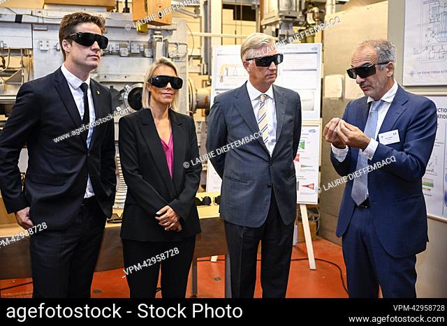 State Secretary for scientific policy Thomas Dermine, Defence minister Ludivine Dedonder and King Philippe - Filip of Belgium pictured during a royal visit to...