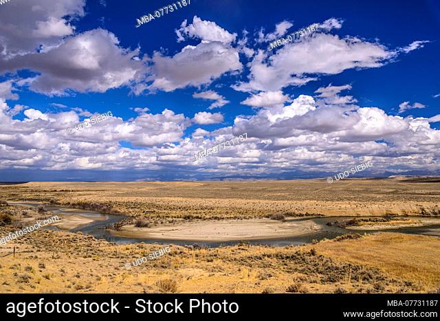 The USA, Wyoming, Sublette county, Big Sandy, Big Sandy Creek Valley in front of wind River Mountains, Sublette herd pastureland