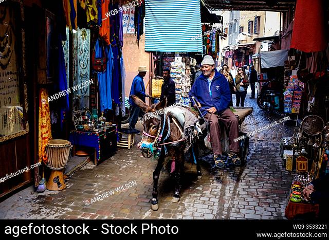 A man riding a donkey and cart through the medina in Marrakech, Morocco, North Africa