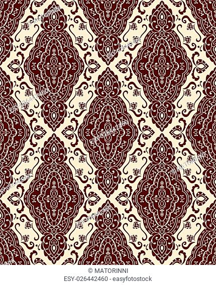Oriental abstract ornament. Templates for carpet, textile, shawl and any surface. Seamless vector pattern of brown contours on a beige background