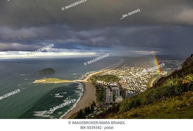 Panoramic view of Mount Manganui district and Tauranga harbour, view from Mount Maunganui with rainbow, Bay of Plenty, North Island, New Zealand, Oceania