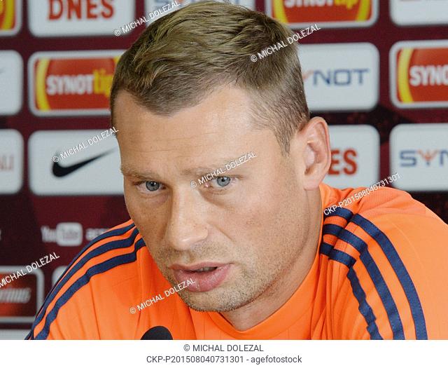 Soccer player Aleksei Berezutski of CSKA Moscow speaks during the press conference prior to the third qualifying round of the Champions League return match...