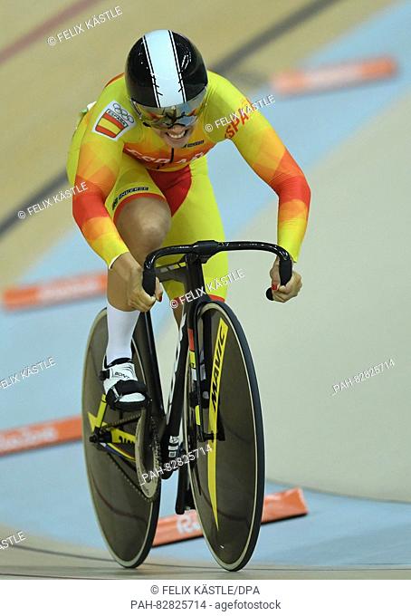 Tania Calvo Barbero of Spain in action during the Women's Sprint Qualifying of the Rio 2016 Olympic Games Track Cycling events at Velodrome in Rio de Janeiro