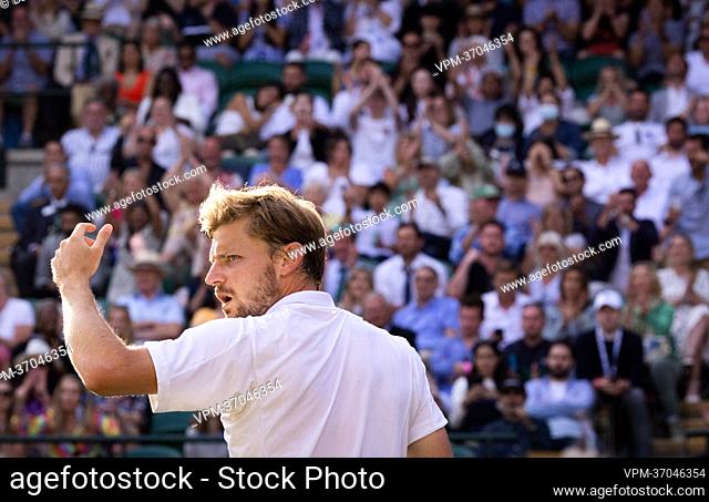 Belgian David Goffin looks dejected during a tennis match against UK Norrie in the 1/8 finals of the men's singles tournament at the 2022 Wimbledon grand slam...