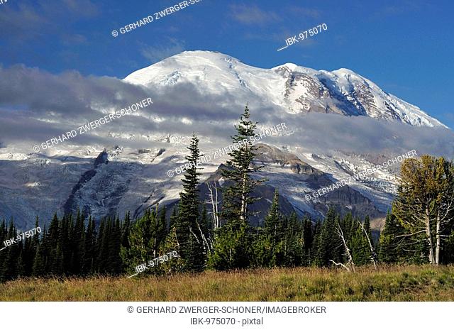 Glaciated crest of Mount Rainier, Mt. Rainier National Park, Washington, USA