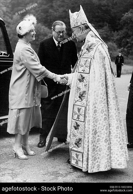 The Queen Mother Opens Royal School of Church Music -- Queen Elizabeth, the Queen Mother, being greeted by the Archbishop of Canterbury.H.M