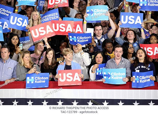 Supporters gather to listen to President Barack Obama speak in support of the Democratic Presidential Nominee Hillary Clinton at the PNC Music Pavilion in...