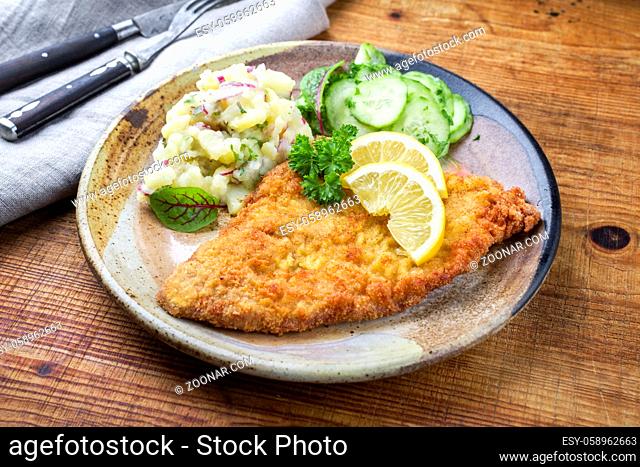 Traditional deep fried schnitzel with potato and cucumber salad offered as closeup on a rustic plate with copy space