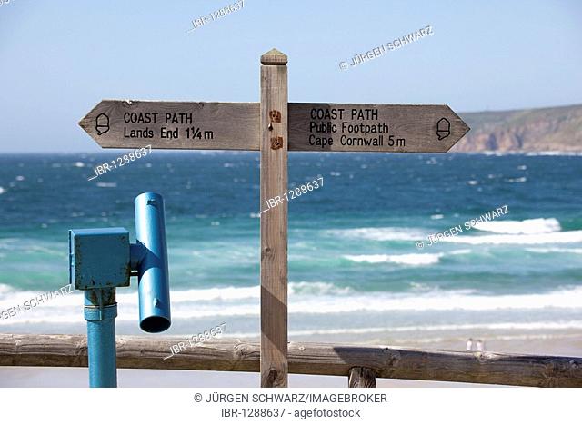 Signpost between Lands End and Cape Cornwall, Sennen, Cornwall, England, United Kingdom, Europe