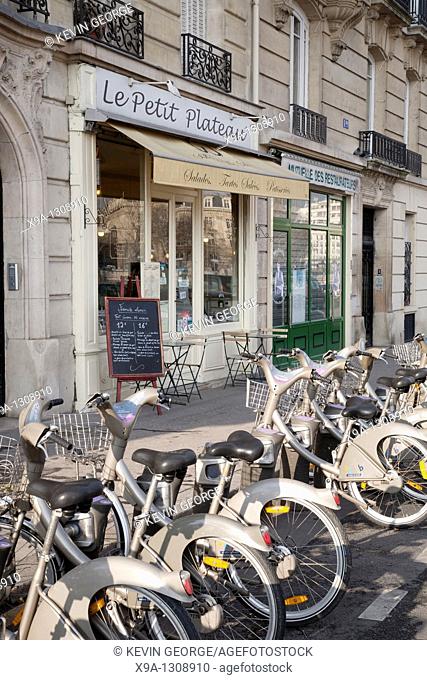 Petit Plateau Restaurant on Cite Island with Bikes for Hire in foreground in Paris, France