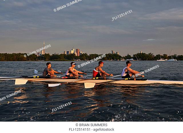 Hanlan Boat Club Junior men at morning practice in Lake Ontario; Toronto, Ontario, Canada