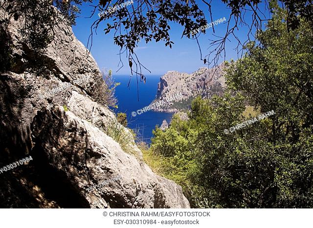 Walking path nature landscape view in Tramuntana mountains between Soller and Cala Tuent, Mallorca, Spain