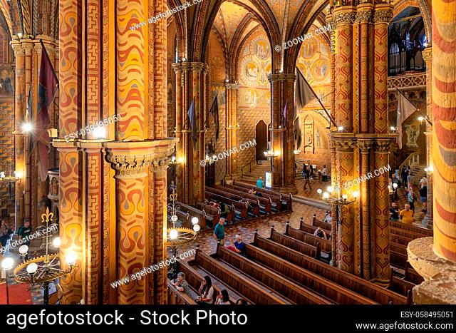 Budapest, Hungary - Juli 13, 2019: Colorful interior of Matthias Church in Buda's Castle District of Budapest, Hungary