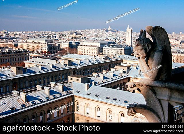 Notre Dame gargoyle detail overlooking the Paris skyline in France