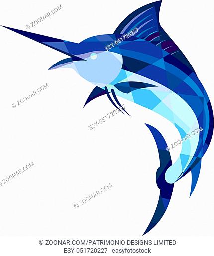 Low polygon style illustration of a blue marlin fish jumping viewed from the side set on isolated white background