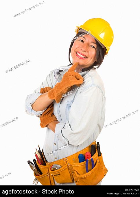 Hispanic female contractor wearing goggles, hard hat and goggles isolated on white background