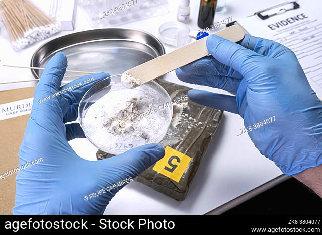 Specialised police check drugs on petri dish in crime lab, conceptual image
