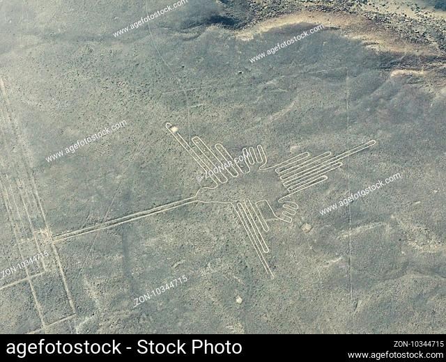 Aerial view of Nazca Lines - Hummingbird geoglyph, Peru. The Lines were designated as a UNESCO World Heritage Site in 1994