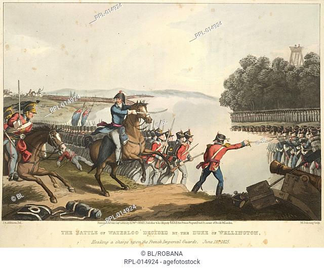 The Battle of Waterloo decided by Arthur Wellesley, the Duke of Wellington, heading a charge upon the French Imperial Guards, June 18th 1815