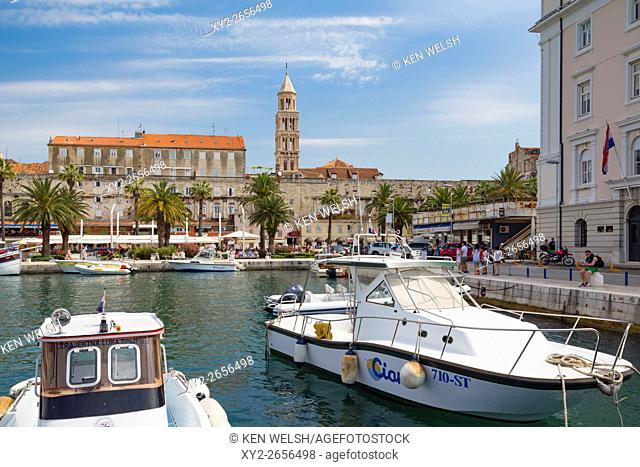 Split, Dalmatian Coast, Croatia. The harbour. The tower in the background is the bell tower of Saint Domnius cathedral. The Historic Centre of Split is a UNESCO...