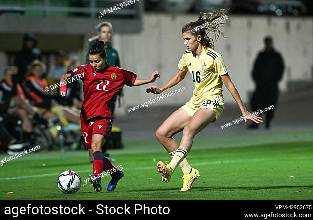 Armenia's Ani Ghukashyan and Belgium's Marie Minnaert pictured in action during the match between Belgium's national women's soccer team the Red Flames and...