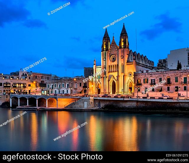 Balluta Bay and Church of Our Lady of Mount Carmel in the Evening, Saint Julien, Malta