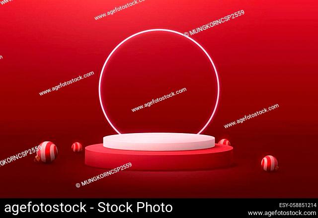 3D White and red circle podium display with Christmas ball element. Vector Illustration
