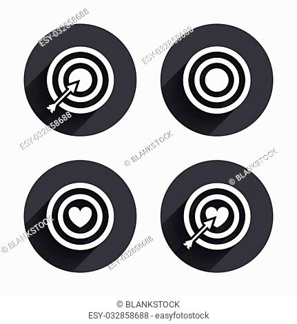 Target aim icons. Darts board with heart and arrow signs symbols. Circles buttons with long flat shadow. Vector
