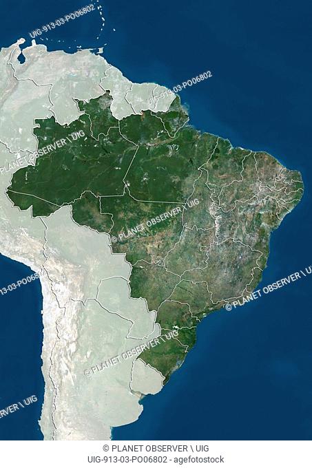 Satellite view of Brazil (with administrative boundaries and mask). This image was compiled from data acquired by Landsat satellites