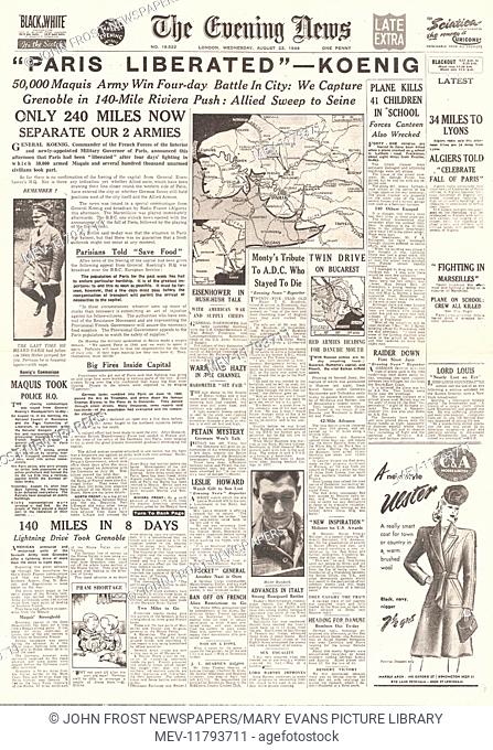 1944 Evening News (London) front page reporting Allied Forces Liberate Paris