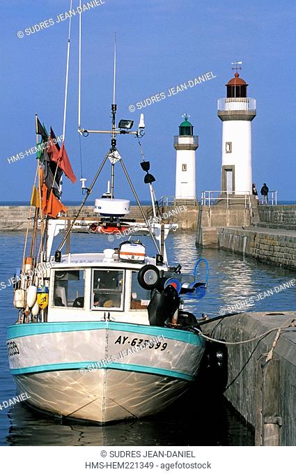 France, Morbihan, Belle Ile, Le Palais, harbour, lighthouses and fishing boat