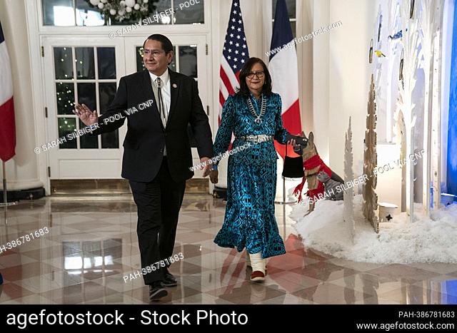 Jonathan Nez, President of Navajo Nation and Phefelia Nez arrive to attend a State Dinner in honor of President Emmanuel Macron and Brigitte Macron of France...