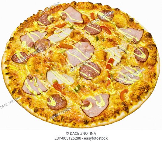 Ham and salami pizza isolated on white background