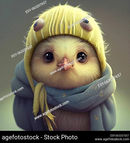 Cute easter chick bird with clothes, pastel color, spring holiday greeting card, fairy tale character, love and emotion, generative AI