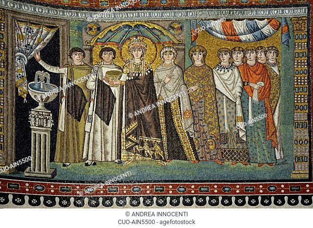 Empress Theodora and attendants, particular of mosaics, Basilica of San Vitale, Ravenna, Emilia Romagna, Italy, Europe