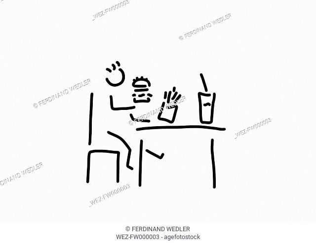 Fast food, child sitting on table, line drawing, black and white