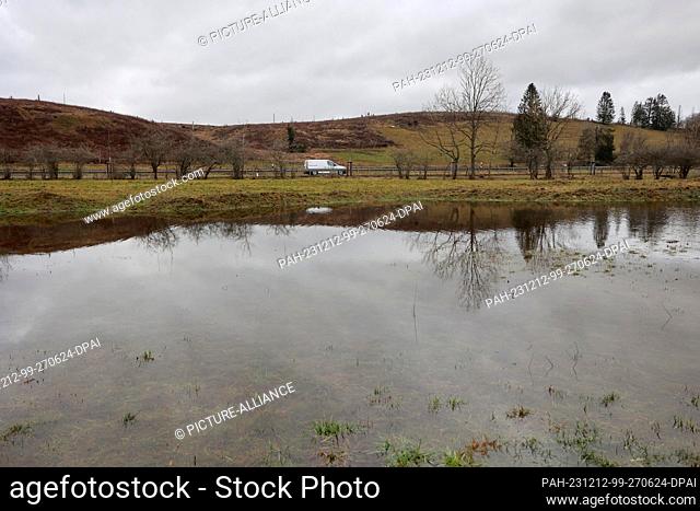 12 December 2023, Saxony-Anhalt, Tanne: Flooded meadows in the Upper Harz near Tanne. The Warme Bode has exceeded the reporting limit and has burst its banks