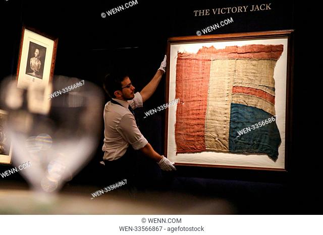 Nelson’s Treasure Trove photocall at Sotheby’s in London which includes The Victory Jack - an exceptionally large fragment of the Union Flag which flew from HMS...