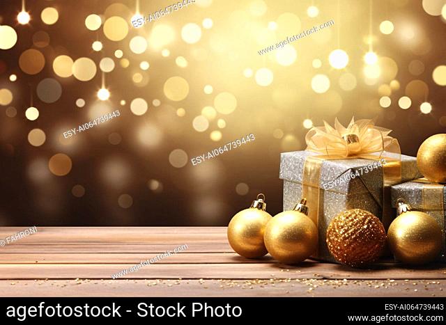 Christmas gift box with gold ribbon bow and golden Christmas ball decoration on wooden table. Merry Christmas present with bokeh background