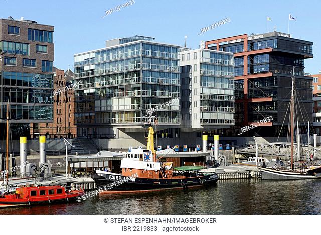 Sailing ship and tug Fairplay VIII in the historic harbor, modern residential and office buildings, Sandtorkai, Sandtorhafen, Harbour City, Hamburg, Germany