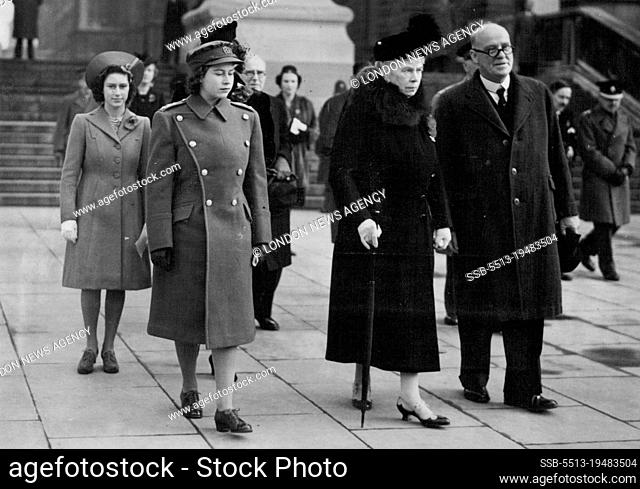 Armistice Day - 1945 - Queen Mary with Princess Elizabeth and Princess Margaret Rose arriving for the ceremony. March 25, 1953